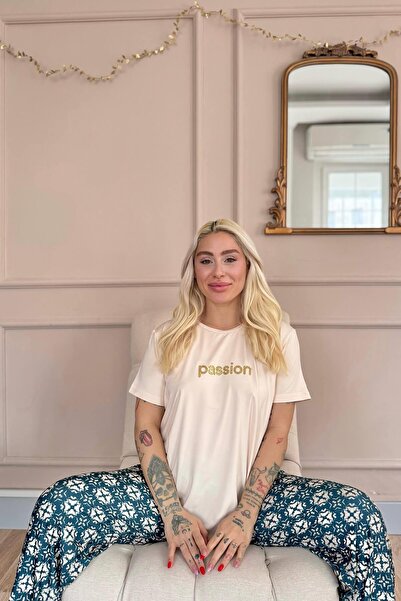 Pijamaevi Beige Passion Patterned Short Sleeve Knitted Women's Pajamas Set