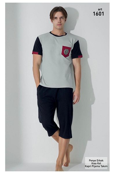 XORVİO Men's Bermuda Cotton Short Sleeve T-Shirt Capri Shorts Pocket Summer Gray Pajama Set