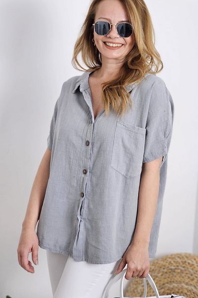 AYASOFYA OTANTIK Women's Gray Button Closure Ring Detailed Casual Short Sleeve Linen Shirt Blouse