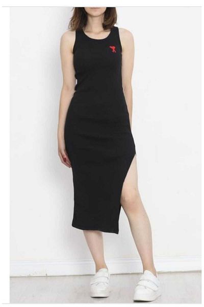 Butik Rochie midi Merrline pentru femei, neagră, elastică, cu decolteu, cu mânecă zero, sub genunchi