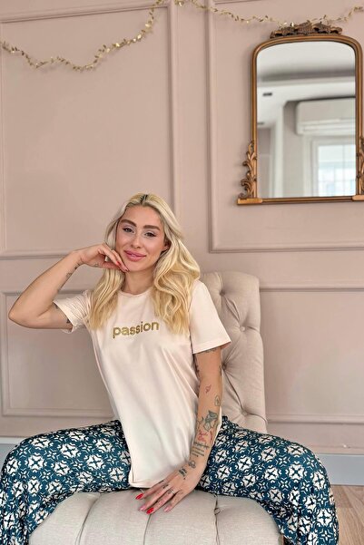 Pijamaevi Beige Passion Patterned Short Sleeve Knitted Women's Pajamas Set