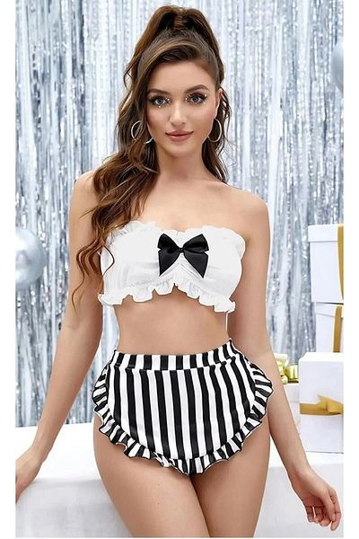 DOSESA Fusta Crop Sexy Negru Alb pentru Femei Costum Fancy Cămașă de noapte