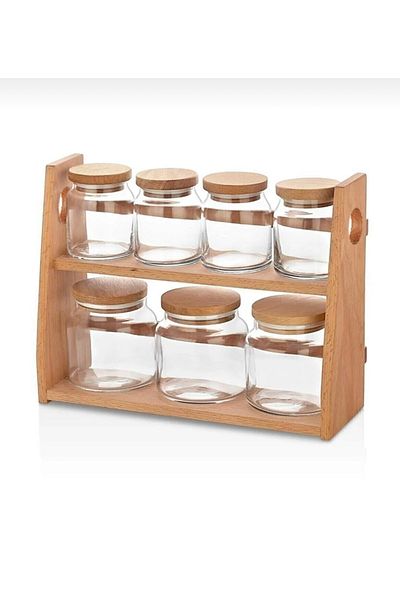 Pembelia Life 8 Piece Glass Spice Rack Set with Bamboo Stand Spice Storage Container Spice Rack Glass Jar Set