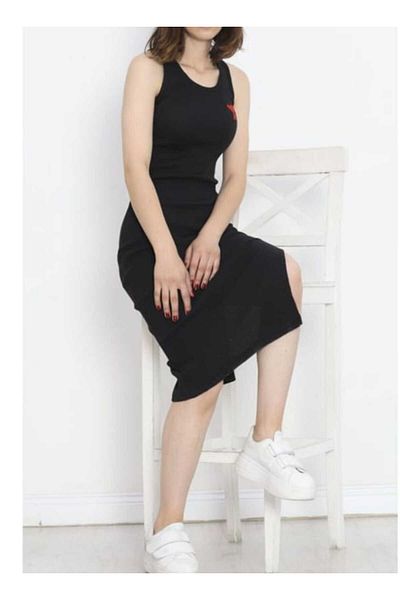 Butik Rochie midi Merrline pentru femei, neagră, elastică, cu decolteu, cu mânecă zero, sub genunchi