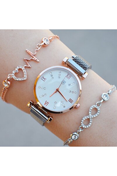 Polo Silver Rose Hasır Mıknatıslı Kordon Kadın Saat Kombini 1004
