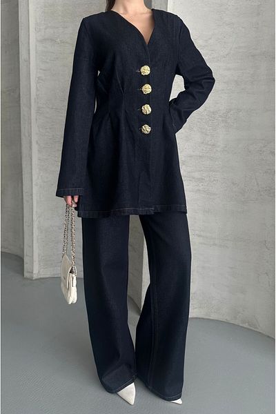 MEECY Dunkelblaue, gebundene Denim-Anzugjacke und -Hose in Übergröße