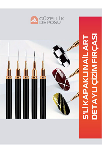 Güzellik Deposu Kapaklı Ince Pofesyonel Nail Art Detaylı Çizim Fırçası 5'li T...