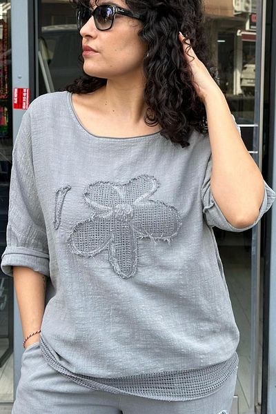 AYASOFYA OTANTIK Gray Round Neck Appliqued Sequined Daisy 3/4 Sleeve Oversize Loose Linen Blouse