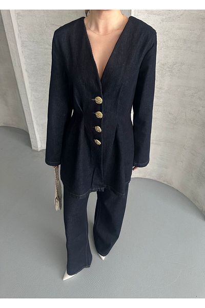 MEECY Dunkelblaue, gebundene Denim-Anzugjacke und -Hose in Übergröße