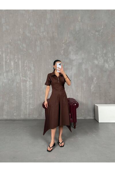 Gaus فستان بياقة قميص بسحاب بني متوافق مع Gaus00021