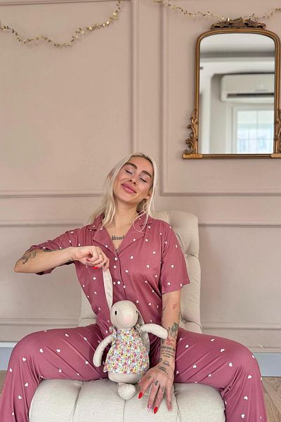 Pijamaevi Powder Heart Patterned Bamboo Front Buttoned Short Sleeve Pajama Set