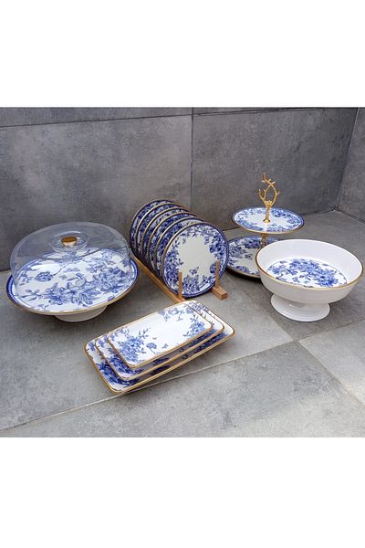 Pinkev 12 Piece Ceramic Cake Presentation Plate Set for 6 People