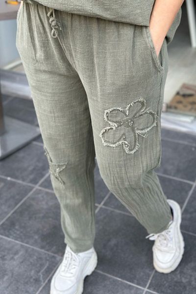 AYASOFYA OTANTIK Women's Star / Daisy Patterned Flared Pocket Trousers Khaki Elastic Waist Lace up