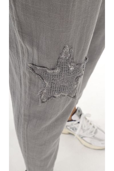 AYASOFYA OTANTIK Gray Waist Lace-Up Elastic Star Patterned Women's Pantaloni