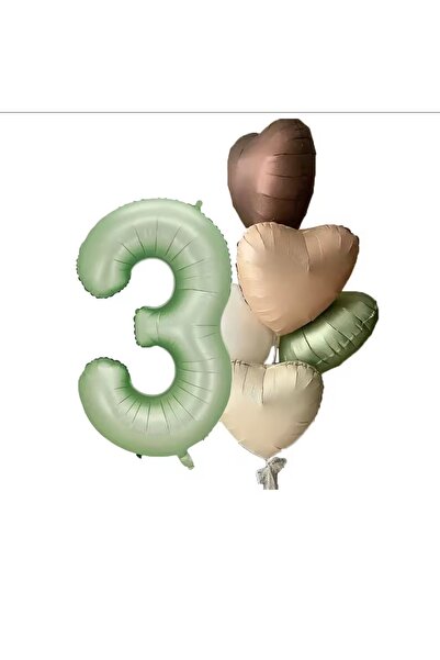 Öztürkpartievi 3 Years Old Green Number Heart Balloon Set 10 Pieces