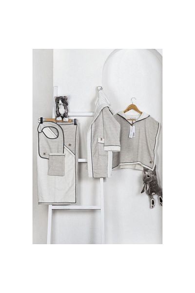 Ecocotton Hasna 4-piece baby poncho set %100 organic cotton linen melange 2-5 years old gray