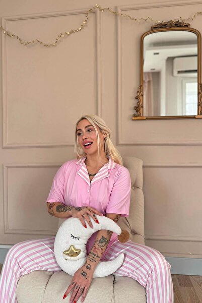 Pijamaevi Set de pijamale cu mânecă scurtă, cu nasturi în față, din bambus, cu model roz pudrat