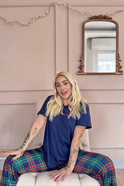 Pijamaevi Navy Enjoy Patterned Short Sleeve Women's Pajamas Set