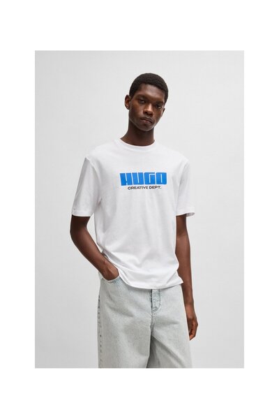 HUGO Logo desenli pamuklu penye tişört