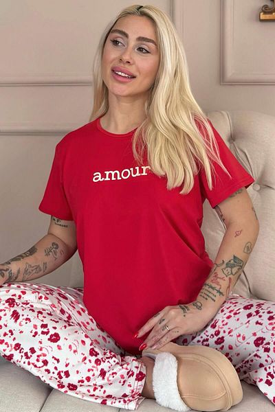 Pijamaevi Red Amour Patterned Short Sleeve Women's Pajamas Set