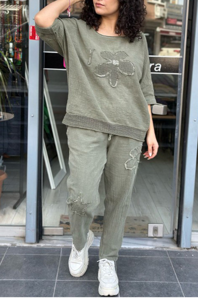 AYASOFYA OTANTIK Γυναικείο παντελόνι με μοτίβο αστεριών / μαργαρίτα με τσέπες χακί με ελαστική μέση και κορδόνια