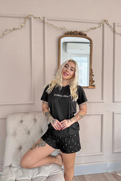Pijamaevi Black Positive Vibes Patterned Short Sleeve Knitted Women's Pajamas Set with Shorts