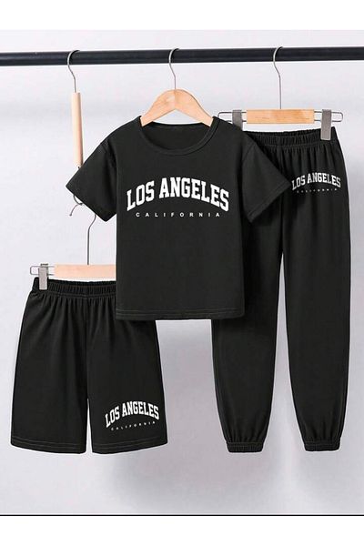 Serays moda Los Angeles Printed Girl/Boy Combed Cotton Shorts Sweatshirt T-Shirt 3-Piece Set
