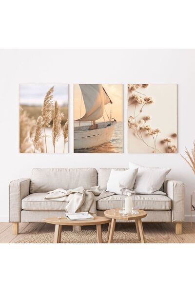 banabirhediye Minimalist Bohem Kasnaklı 3'lü set Kanvas Tablo Soyut Modern