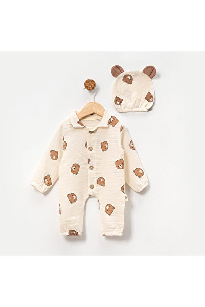 Momercy Ayıcıklı Şapkalı Müslin Erkek Bebek Tulum, Yenidoğan Çekim Kıyafeti