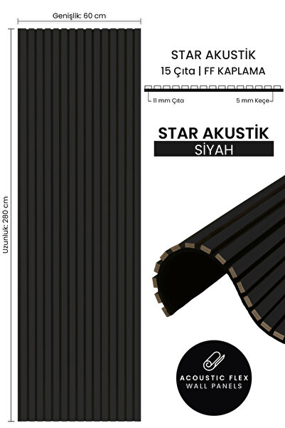 BURAMODA Star Slim Flex Akustik Duvar Paneli Ff Kaplama Siyah-siyah 60x250 Cm...
