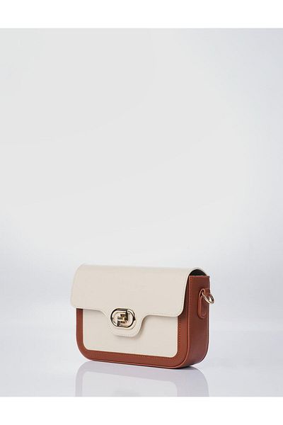 Kayra Baguette Bag with Metal Accessories for Brown and Cream