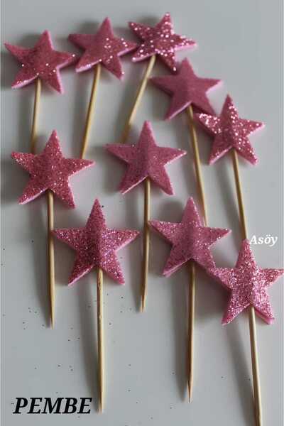 asöy Pembe Kürdan Yıldız Simli Eva Simli Pembe 10 adet  Cupcake Süsleri 3 Cm