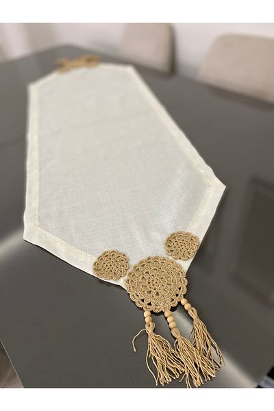 Parla Life Κρεμ Χρώμα Λινό Χειροποίητο Πλεκτό Μοτίφ Τρίγωνο Μύτη Runner
