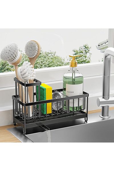 COOYA Sponge Rack, With High Brush Holder, Rustproof 304 Stainless Steel Dish Organizer Divider, Black