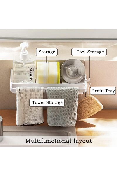 COOYA Sponge Rack with 4 Hooks, Hanging, No Drilling, Kitchen Sponge Rack with Drip Tray Storage(White)
