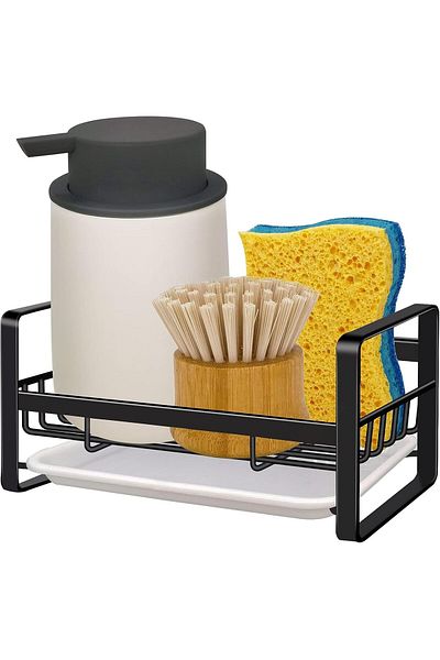COOYA Sponge Rack, Sink Tray Drainer Rack, Soap Dish Dispenser Brush Holder Storage Accessories (Black)