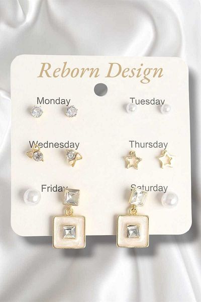 REBORN DESIGN Brass Gold Color Zircon Stone Star Figure White Enameled 6-Piece Women's Earring Set