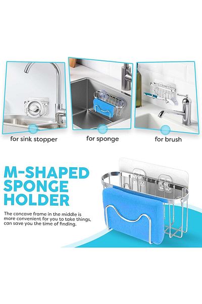 COOYA Sponge Holder, 3-in-1 Stainless Steel Sink Caddy, M-Shaped Hanging Sink Organizer with Suction Cup