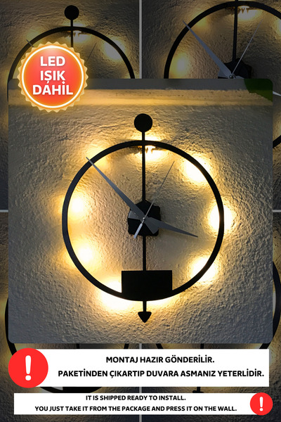 Dekorvin Led Işıklı Minimalist Mutfak Duvar Saati Sessiz Dekoratif Modern Siy...