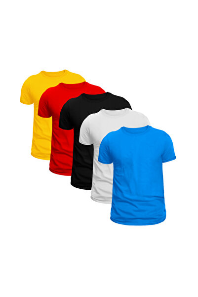 AGUSTİNİ Erkek Çoklu Tişört Standart Kesim Unisex Bisiklet Yaka %100 Pamuk 5'li Tişört Paketi