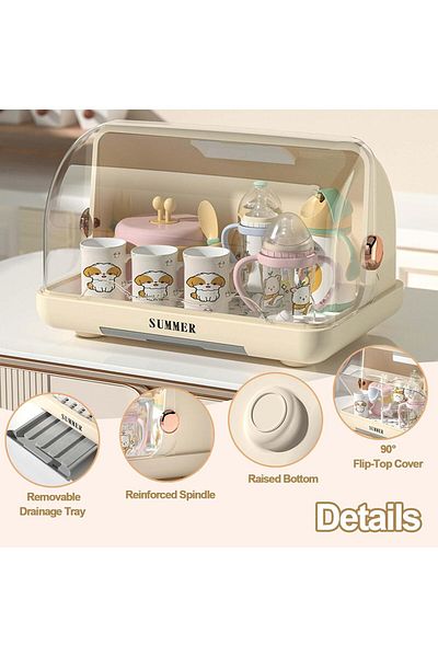COOYA Portable Baby Bottle Drying Rack,with Drainer,Dustproof Baby Dish Organizer,Countertop Dryer