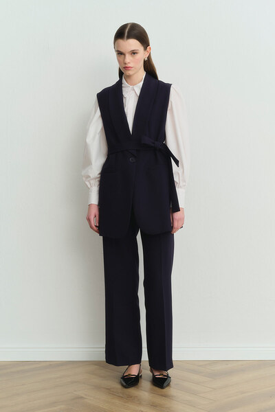 Hooopstore Navy Blue Crepe Set - Shawl Collar and Vest