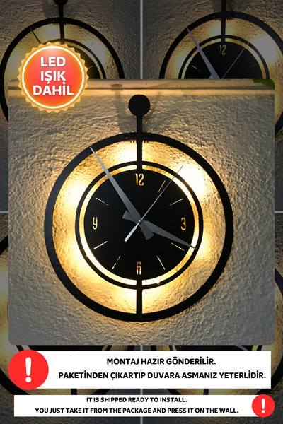 Dekorvin Led Işıklı Modern Mutfak Duvar Saati Sessiz Dekoratif Modern Siyah A...
