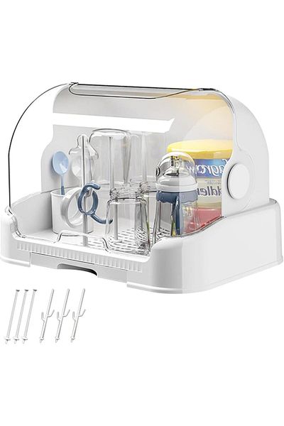 COOYA Baby Bottle Drying Rack,Dustproof Baby Bottle Storage Box with Removable Drip Tray and Lid(White)