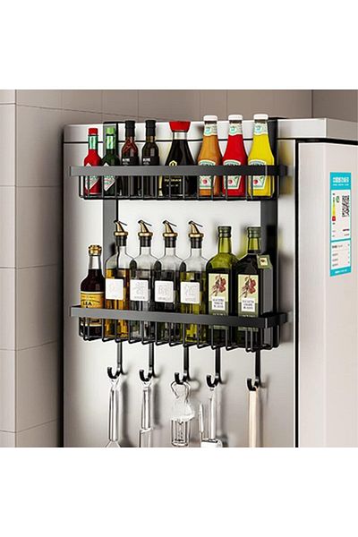 COOYA Magnetic Spice Rack, 5 Hooks, 2 Tier Kitchen Storage,Space-Saving for Small Kitchen Apartment