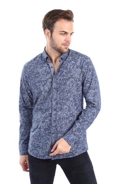 AGUSTİNİ Navy Blue Gray Patterned Slim Fit Shirt |   Agustini