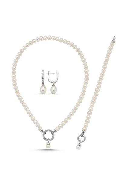 Birinci 14 Ayar Altın Halka Kilitli Doğal İnci Kolye Bileklik Küpe Üçlü Set