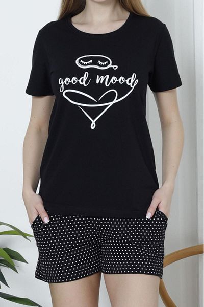 Nicoletta Set de pijama pantaloni scurți de damă cu mânecă scurtă din bumbac buzunar Lycra NEGRU