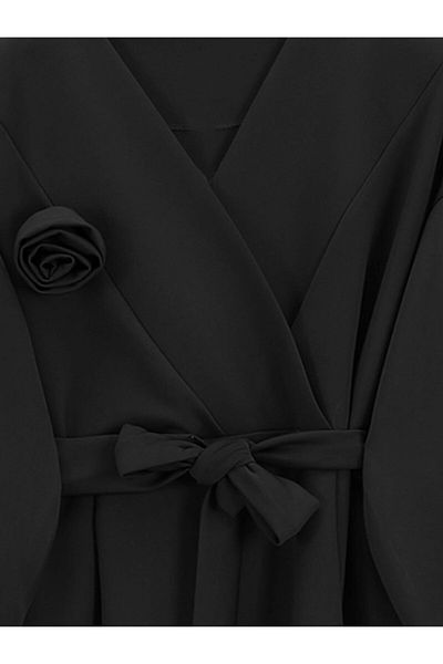 MACMODA Belted Waist Cross Collar Balloon Sleeve Suit Double Fabric