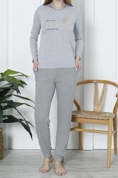 Nicoletta Set de pijamale cu mâneci lungi de damă cu buzunare din bumbac lycra GRI